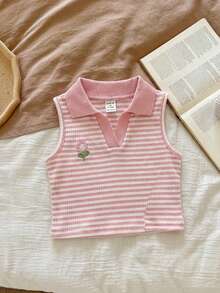 SHEIN Áo polo dệt kim không tay kẻ sọc dễ thương, đa năng cho bé gái mùa hè - Hồng - Xem 1