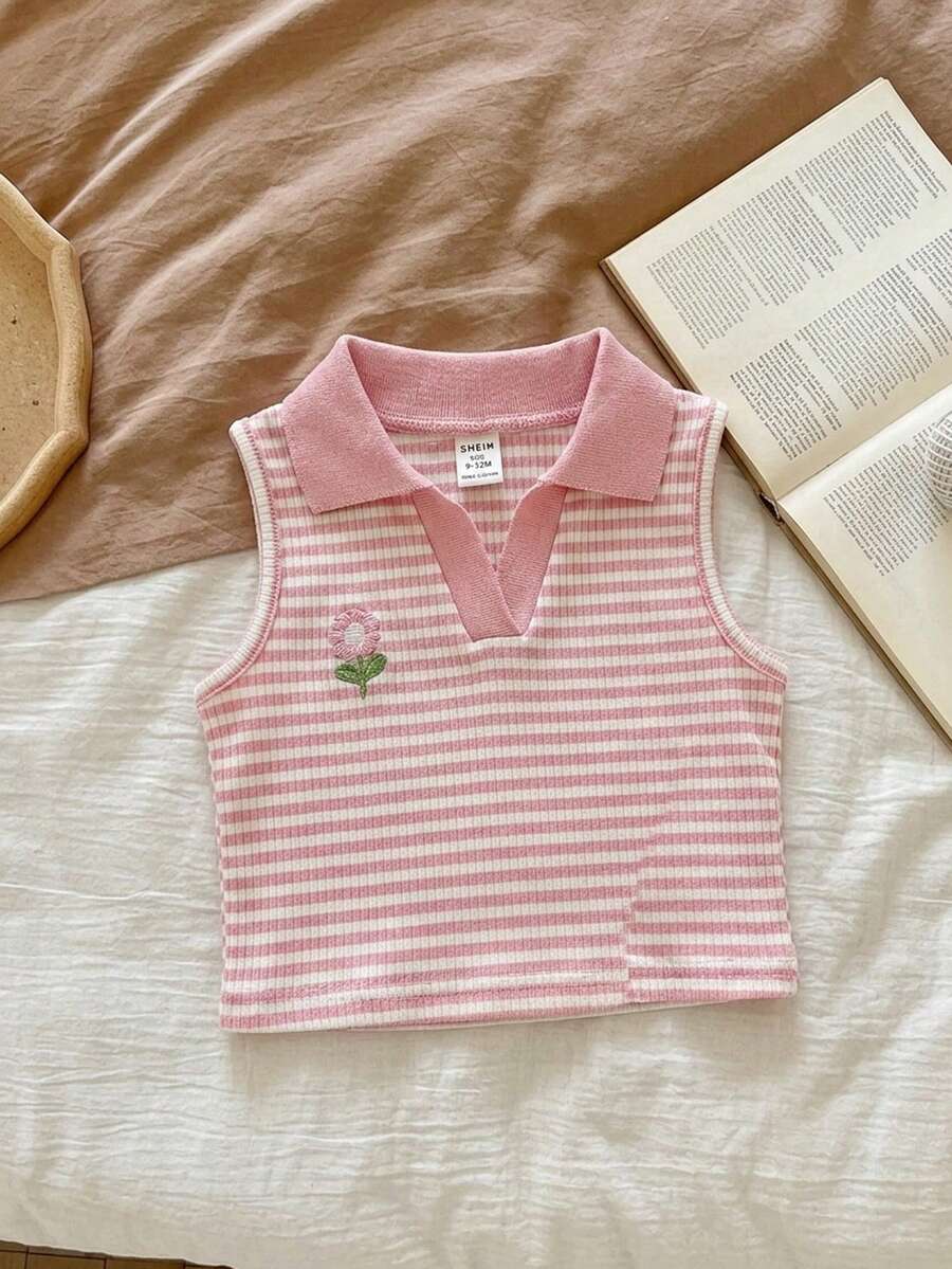 SHEIN Áo polo dệt kim không tay kẻ sọc dễ thương, đa năng cho bé gái mùa hè - Hồng - Xem 1