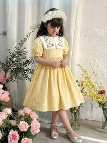 SHEIN 青少年女孩寬鬆休閒花瓣袖花卉圖案刺繡中長洋裝 - 黃色 - 查看 6