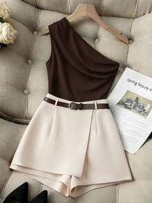 GlowEve CURVE Plus Size Elegant Commuter Solid Color One-Shoulder Top And Shorts 2-Piece Set, Summer - Coffee Brown - View 1
