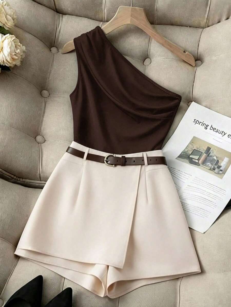GlowEve CURVE Plus Size Elegant Commuter Solid Color One-Shoulder Top And Shorts 2-Piece Set, Summer - Coffee Brown - View 1