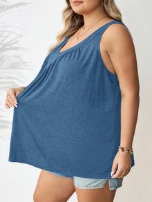 SHEIN CURVE+ 大码女式纯色褶皱休闲百搭日常上衣 - 水鴨藍 - 查看 9