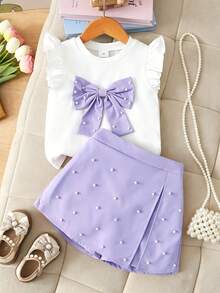 Elladie kids 4-7岁女童两件套：可爱蝴蝶结装饰串珠短袖上衣和松紧腰串珠开衩短裤，适合日常生活、派对和其他场合。 - 紫色 - 查看 6