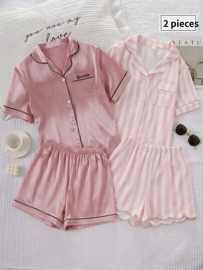 Girls' Pink & White Striped Short Sleeve Shorts Pajama Set, Sweet & Fresh Open Front Collar Top With Ruffled Hem & Cuffs, Comfortable Casual Loungewear For Spring & Summer