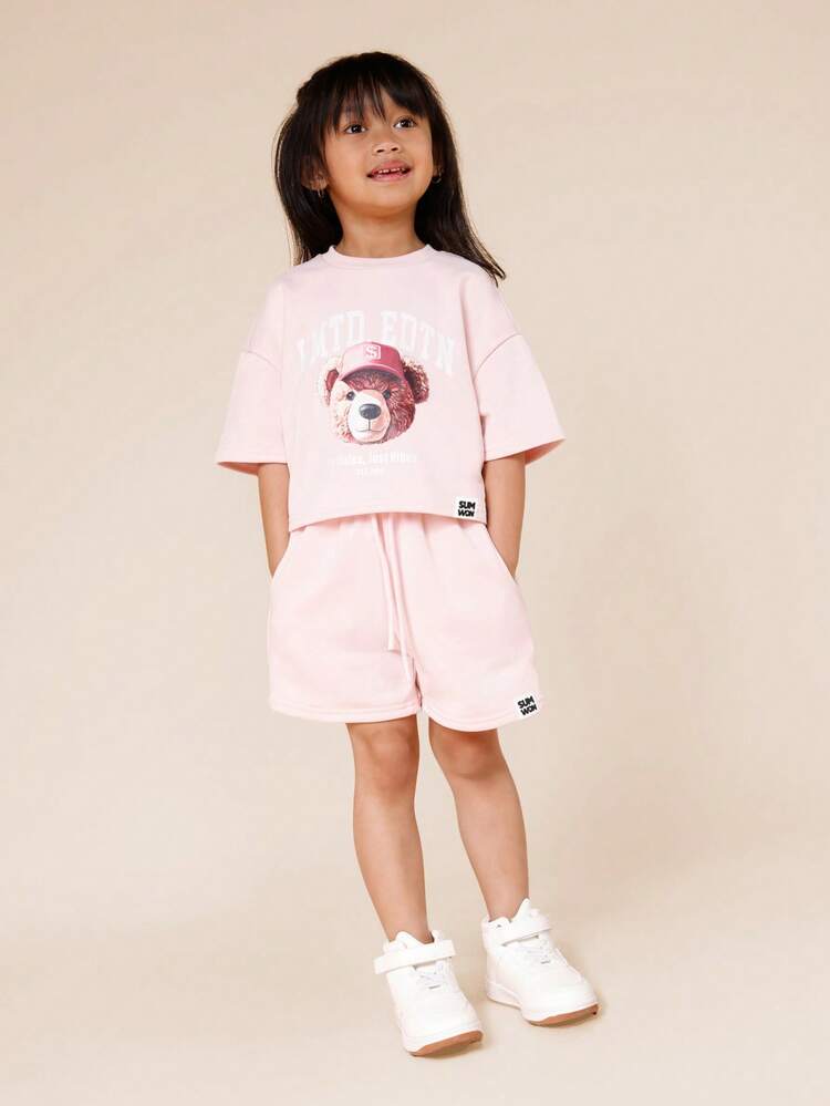 Crop T-Shirt And Shorts Set With Bear Graphic