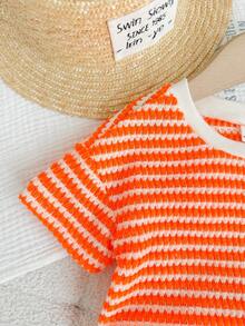 LMoss Kids Bộ 2 món áo thun cổ tròn kẻ sọc dệt kim cho bé gái và quần short - trái cam - Xem 4