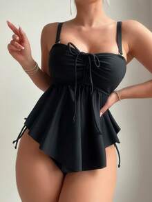 SHEIN Swim mass】純色坎肩泳裝，荷邊細節，海灘穿搭泳裝音樂節夏季 - 黑色 - 查看 5