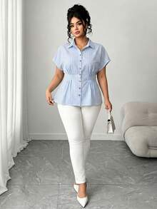 Elenzga Áo sơ mi tay cánh dơi in họa tiết sọc cỡ lớn - Nhiều màu - Xem 4