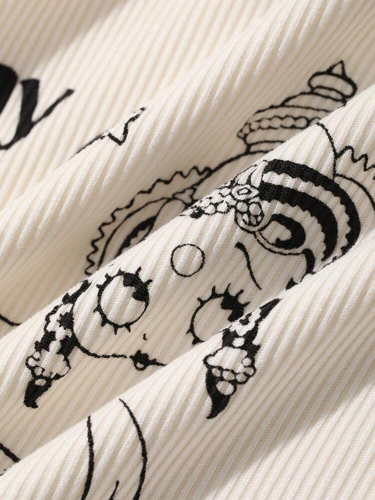 Women's Casual Cartoon Letter Print Short Sleeve Asymmetrical Hem Fitted T-Shirt, Suitable For Daily Commute In Summer