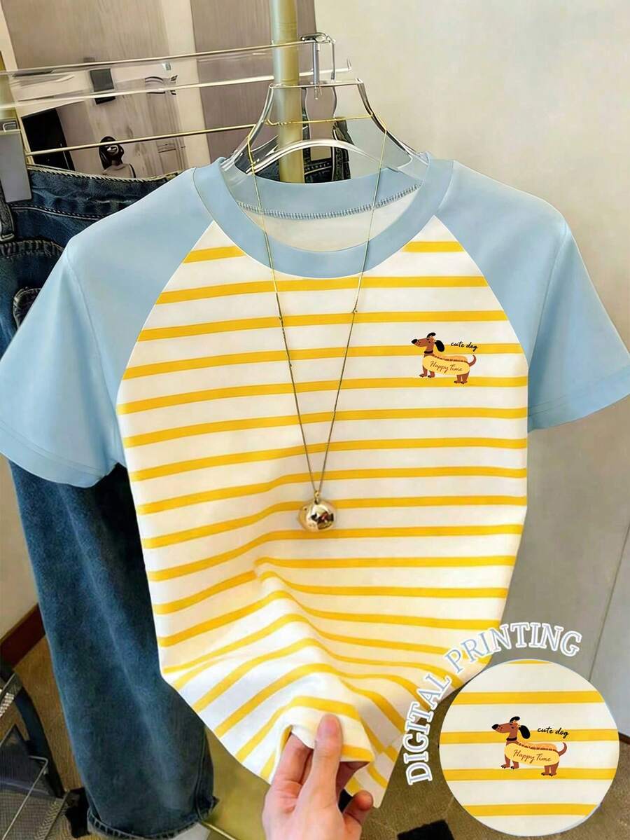 Áo thun cổ tròn tay ngắn in hình chó Dachshund sọc hoạt hình dễ thương, phù hợp cho bé gái tuổi teen. Mẫu áo đa năng, dễ phối đồ, thích hợp cho các buổi đi chơi, mùa xuân/hè/thu. - Nhiều màu - Xem 1