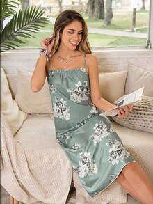 Serenescape Vacation Style Printed Scoop Neck Ruched Camisole Nightgown For Women - Green - View 6