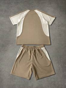 Manfinity Hypemode Men's Contrast Color Raglan Sleeve Short Sleeve T-Shirt And Shorts Set, Suitable For Daily Life, Outings, Vacation And Travel - Khaki - View 2