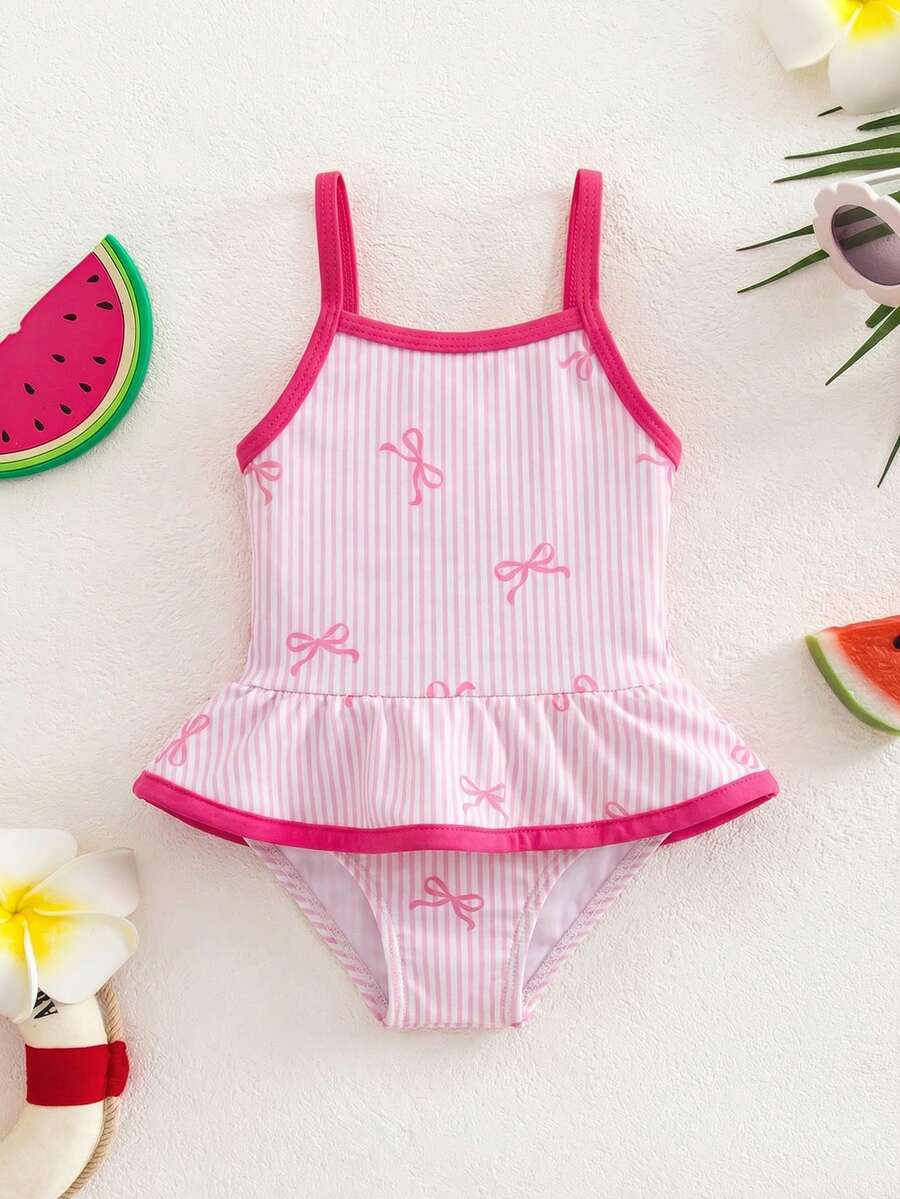 SHEIN Newborn Baby Striped Bow Print Ruffle Hem Romper Swimsuit - Multicolor - View 1