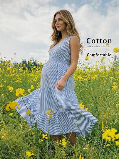 Boho Mama Summer Outfits,Blue Woven Striped Cotton Bohemian Style Maternity Dress,Maternity Casual Holiday Style Blue & White Striped Ruffle Hem Sleeveless Dress Maternity Clothes Summer Dresses Maternity Clothes Cotton Cotton Summer Dresses Picnic Dresses For Women Cottage Core Dresses