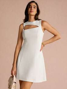 女士纯色简约无袖短连衣裙，休闲日常穿着 - 黑色 - 查看 4