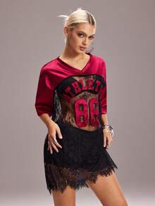 Y2Kool NEARLY THERE Red Satin Fabric Patchwork Black Lace Semi-Sheer Sexy Y2K Hot Girl Casual Streetwear Sports Women's V-Neck Loose Oversize Short Dress Suitable For Spring/Summer Party Holiday Island Music Festival Electronic Music Festival Daily Wear - Red and Black - View 5