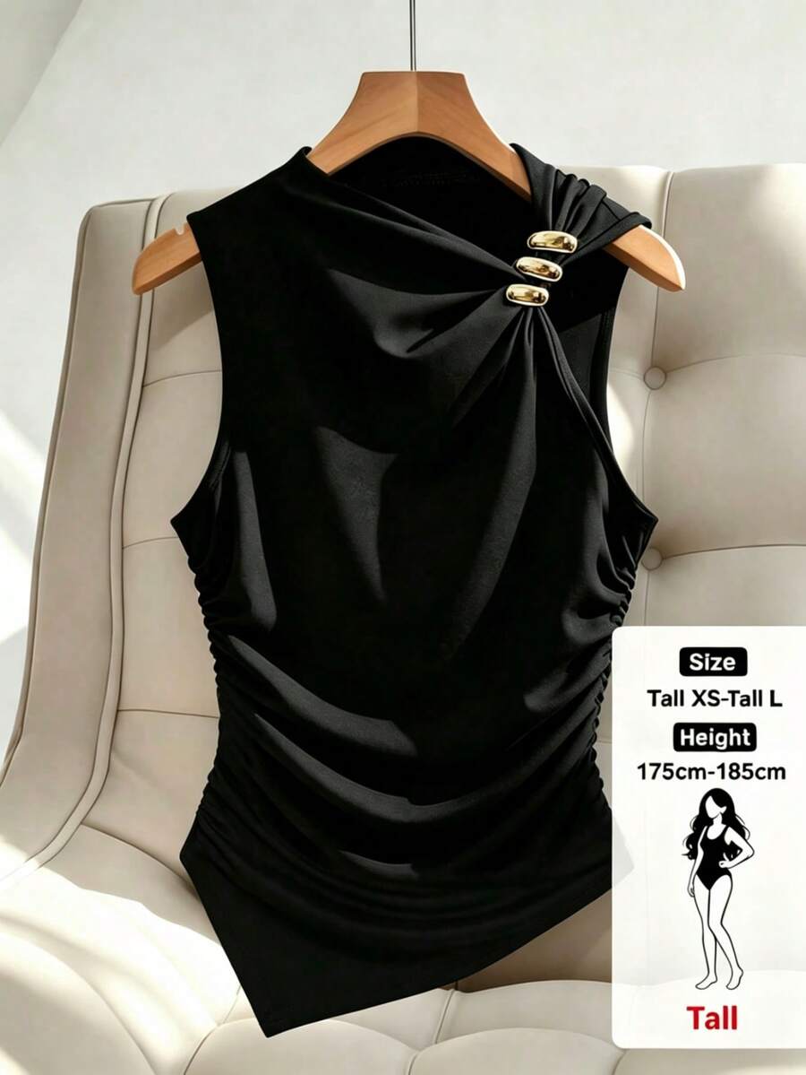 Franclia Tall Women's Fashionable Tall Sleeveless Tank Top With Metal Decor, Asymmetric Hem And Ruched Waist, Summer Tops For Women Elegant Classy Latest Tops For Women New Arrivals - Black - View 1