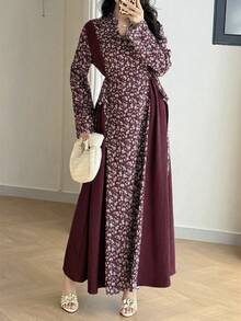 Yasmyna Conservative Casual Vacation Printed Patchwork Arabic Style Dress For Women - Burgundy - View 6