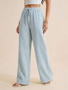 SHEIN Tall Knotted Striped Print Casual Straight Leg Pants For Summer - Blue - View 4