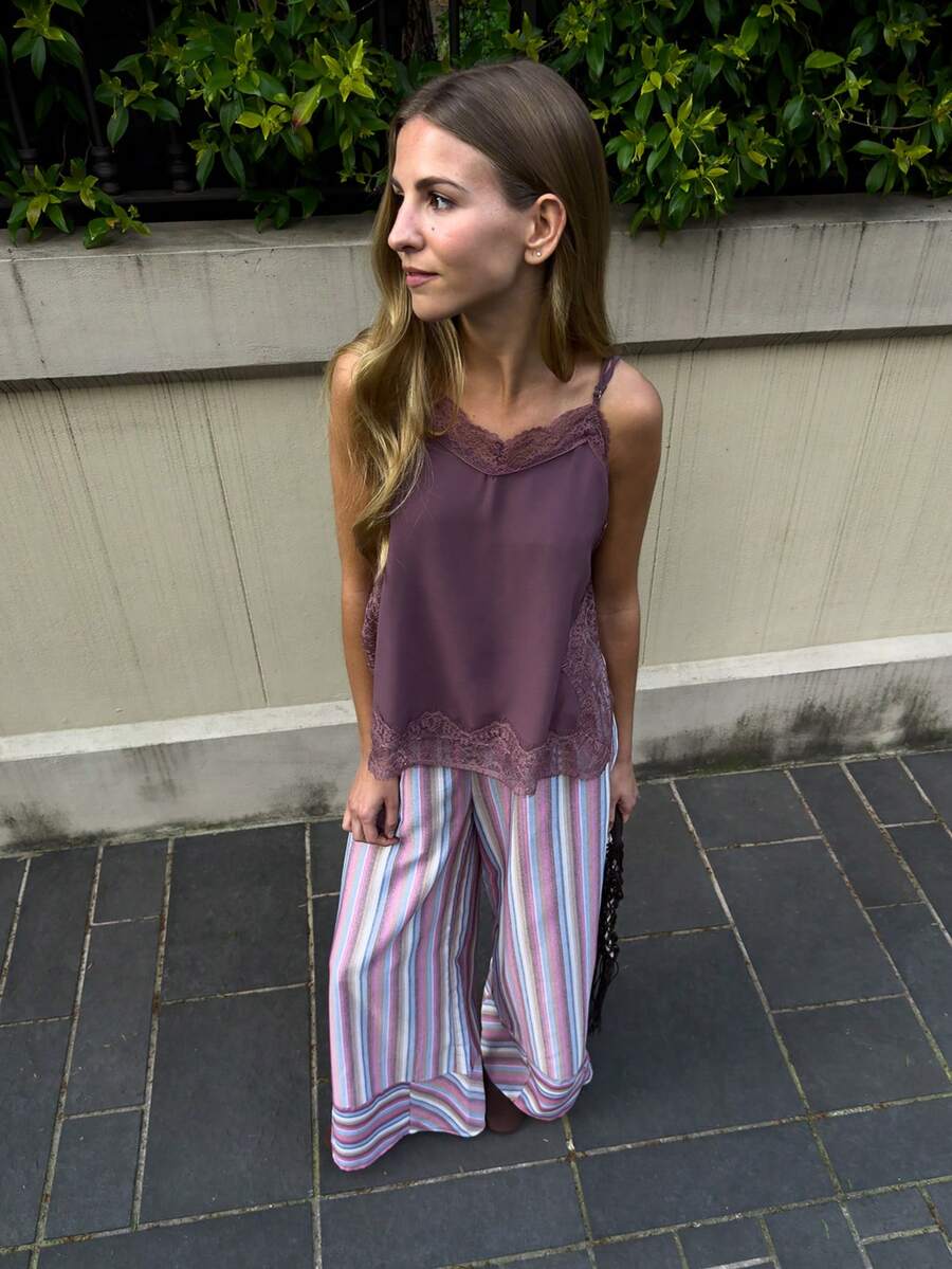 Nöista Casual Stripes Pants With Elastic Band - Pink - View 1