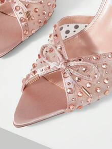 Mnmlis Giày sandal cao gót nữ đính nơ đá, mũi nhọn, kiểu dép xỏ ngón. - Màu be - Xem 4