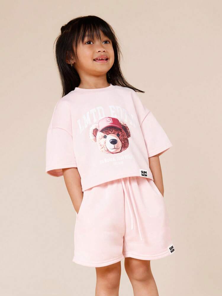 Crop T-Shirt And Shorts Set With Bear Graphic