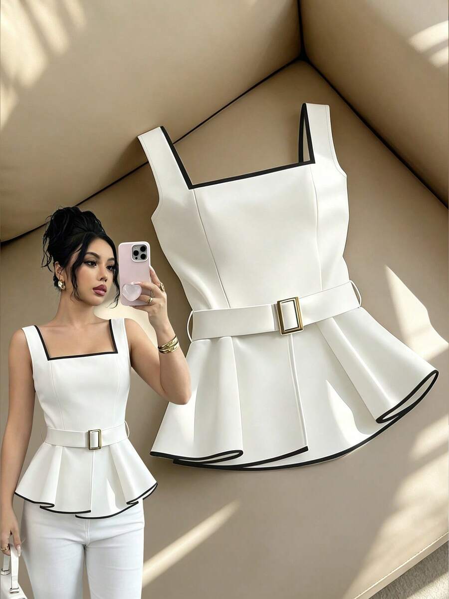 Airaco Blusa elegante de mujer con cuello cuadrado, sin mangas, con ribete de contraste en la cintura, color blanco - Blanco - Ver 1