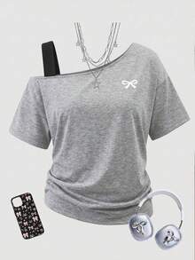 SHEIN Girlism 少女黑灰T恤，二合一设计，蝴蝶结印花，撞色设计，时尚不对称，宽松休闲，运动风 - 灰色 - 查看 1