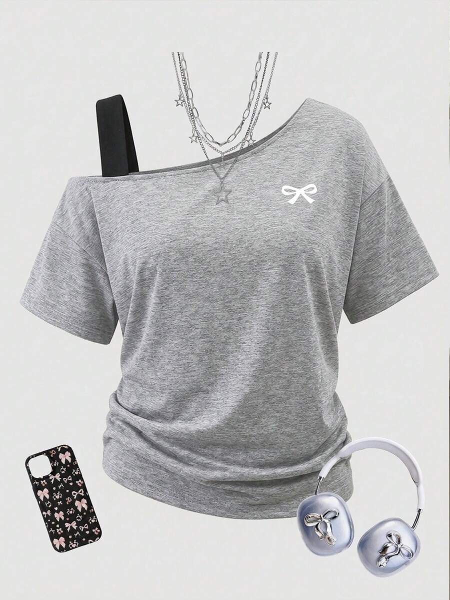 SHEIN Girlism 少女黑灰T恤，二合一设计，蝴蝶结印花，撞色设计，时尚不对称，宽松休闲，运动风 - 灰色 - 查看 1