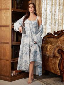 PalaceNights Conjunto de 2 piezas de bata y camisón con mangas largas, con aplicaciones de encaje floral vintage y volantes - Azul y blanco - Ver 4