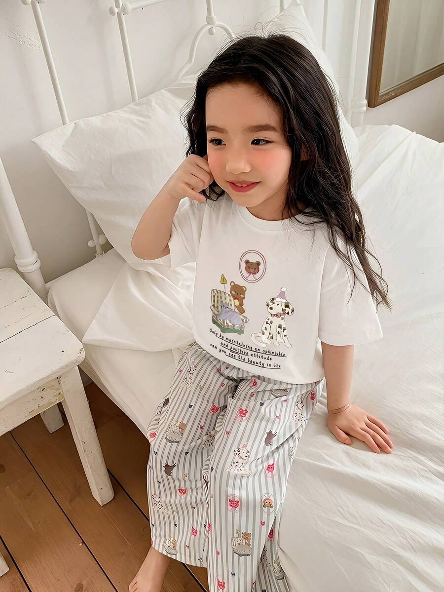 DAZY 女童卡通印花短袖上衣和条纹裤睡衣套装 - 白色 - 查看 1