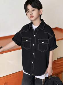 Dazy Kids 宽松休闲酷炫翻领夹克上衣，适合幼儿男童（大号），牛仔衬衫 - 黑色 - 查看 8