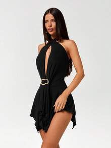 SHEIN ICON 夏季女士 Y2k Coachella 乡村音乐会黑色沙滩派对优雅外出性感纯色镂空露背迷你连衣裙 - 黑色 - 查看 7