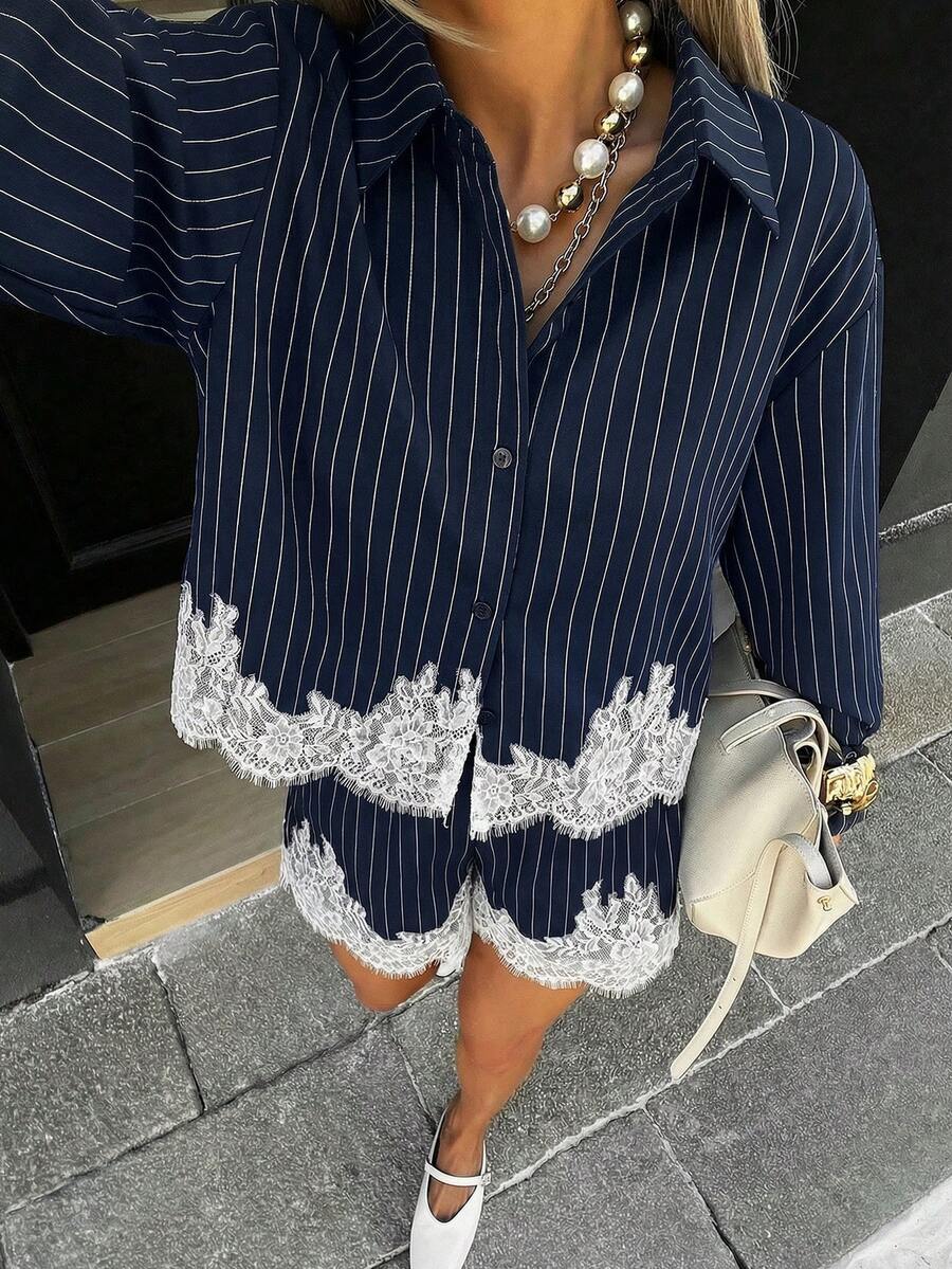 Siren Gaze Set Kemeja Pendek dan Celana Pendek Bergaris, Set 2 Potong Wanita Berhiaskan Renda, Set Celana Pendek, Set Kemeja - Navy Blue - View 1
