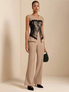 Vesra Lace Patchwork Long Sleeve V-Neck Fitted Shirt & Flared Pants Elegant 2-Piece Set For Women - Khaki - View 7