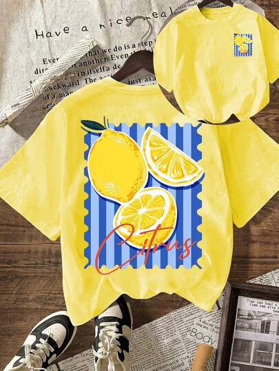 EMERY ROSE Women's Fashion Lemon Print Casual Short Sleeve T-Shirt, Versatile For Summer