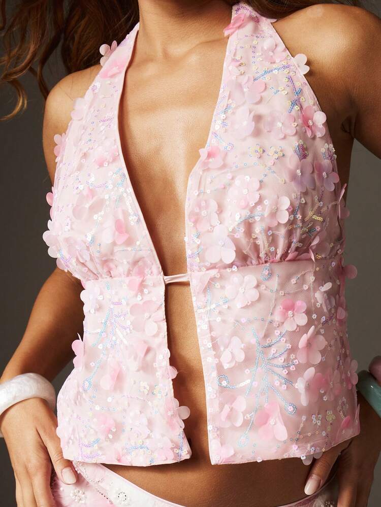 MISSGUIDED Damski różowy top z cekinami i aplikacją kwiatową oraz zdobieniami z kryształków, głęboki dekolt, strój na imprezę, wieczór, letni festiwal