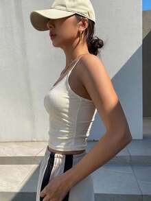 DAZY 女士夏季修身褶皱弹力肩带圆领吊带衫 - 米色 - 查看 4