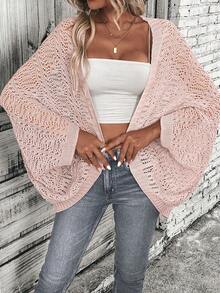 SHEIN LUNE Women's Casual Solid Color Hollow Out Cardigan - Pink - View 6