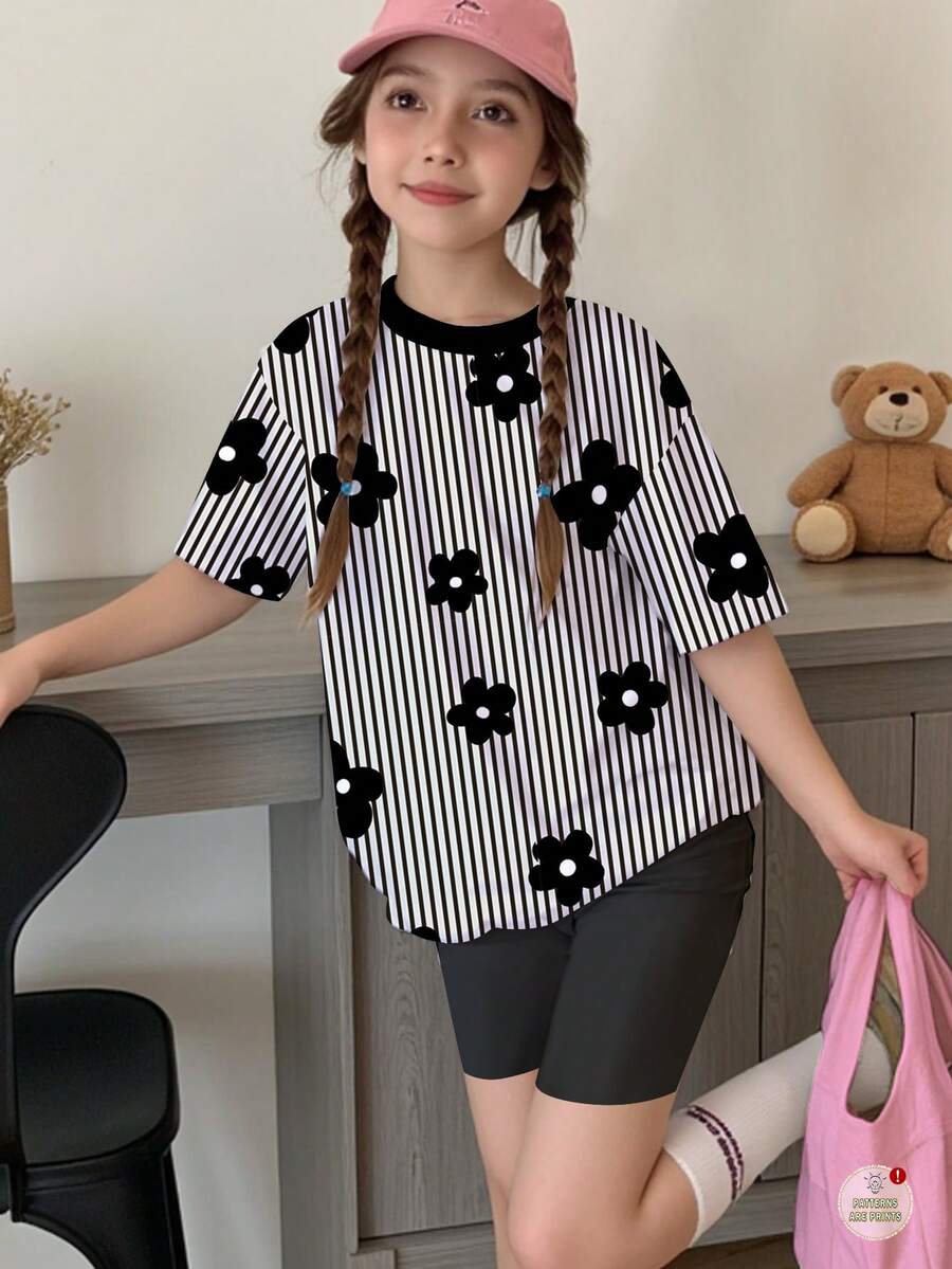 少女休闲复古黑白条纹、可爱波点和花卉印花度假风短袖上衣和短裤两件套,夏日乐趣,度假童装,假日氛围,时尚出行,亮丽色彩,毕业季必备,节日季,舒适春夏装扮,轻松舒适,休闲度假,亮片点缀,女童套装,夏季,Y2K风格,舒适,可爱,图案,Glamorique Kids,女童款,波点 - 彩色 - 查看 1