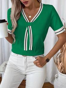 EMERY ROSE Áo dệt kim tay raglan cổ chữ V kẻ sọc dáng rộng thoải mái dành cho nữ, mùa hè - màu xanh lá - Xem 6