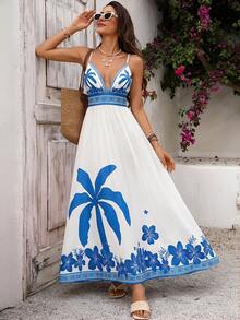 Vivid Eden 女士休闲优雅浪漫度假印花V领吊带连衣裙，女士蓝色连衣裙和女士白色连衣裙 - 藍白色 - 查看 10