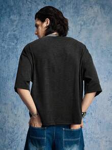 ROMWE MEN Essentials Men's 2 In 1 Contrast Color Collar T-Shirt - Black and White - View 4