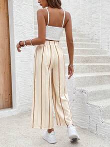 SHEIN Frenchy Quần ống rộng kẻ sọc thường ngày dành cho nữ - Màu be - Xem 2