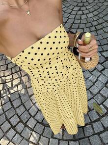 Vestido de cintura alta con estampado de lunares , estilo vacacional - amarillo ganso - Ver 3