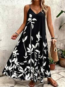 EMERY ROSE Plus Size Women's Deep V-Neck Spaghetti Strap Maxi Dress,Black And White Botanical Print,Summer Boho Elegant Beach Holiday Loose Fit Date - Black - View 6