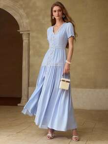 MOTF PREMIUM 蓝色浪漫撞色花边优雅连衣裙 - 藍色 - 查看 1