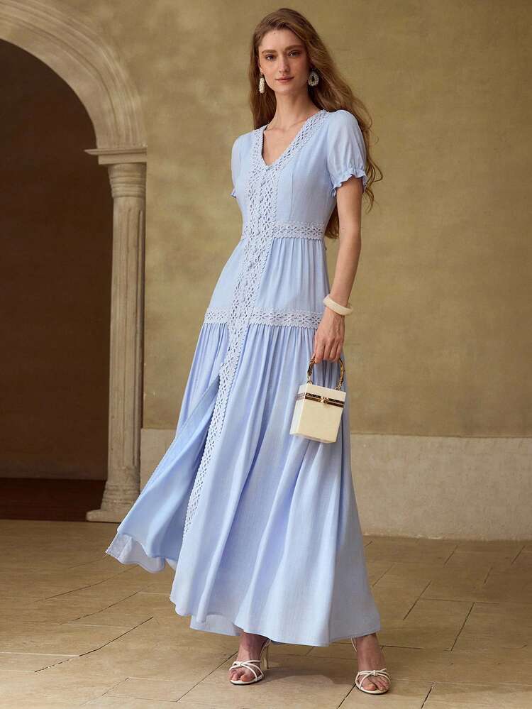 BLUE ROMANTIC CONTRAST GUIPURE LACE TRIM ELEGANT DRESS