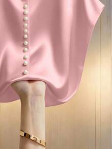 Franclia Women's Champagne Batwing Sleeve Elegant Round Neck Pearl Decorated Short Sleeve Blouse, Satin Fabric, Suitable For Commuting And Daily Elegant Wear - Pink - View 3