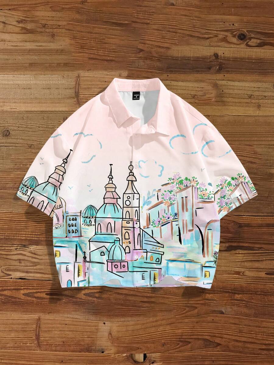 Manfinity Joysei Men's Casual Daily Wear Architecture Print Button-Front Short Sleeve Shirt, Summer - Baby Pink - View 1